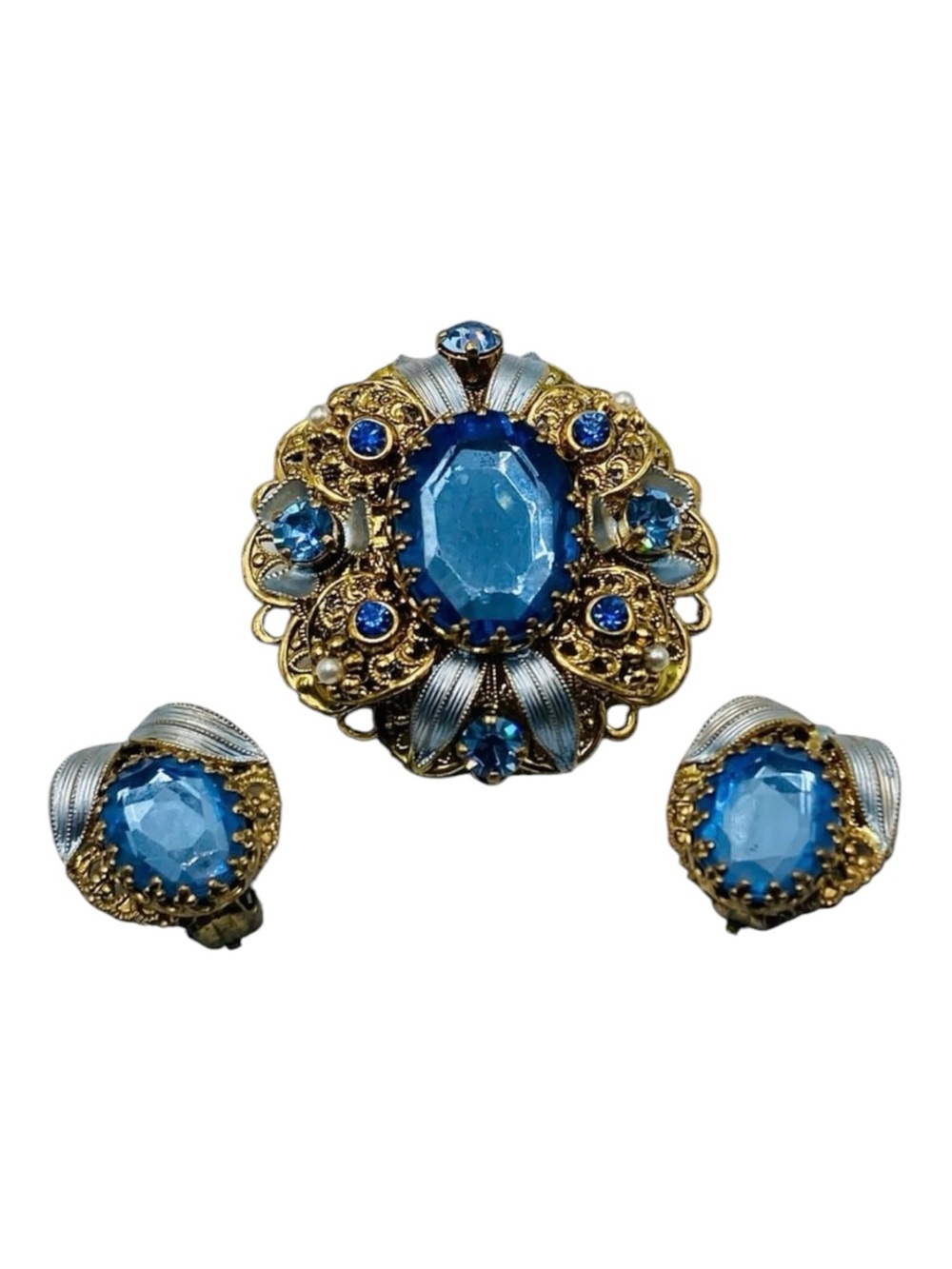 Stunning Vintage W. German Blue Glass Brooch Earring Set